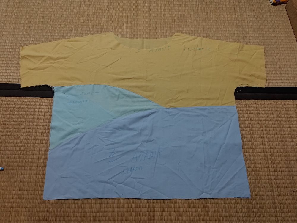 L'avant de ma tunique : moitié haute en jaune, moitié basse en bleu, un genre de vague en bleu légèrement turquoise entre les deux 