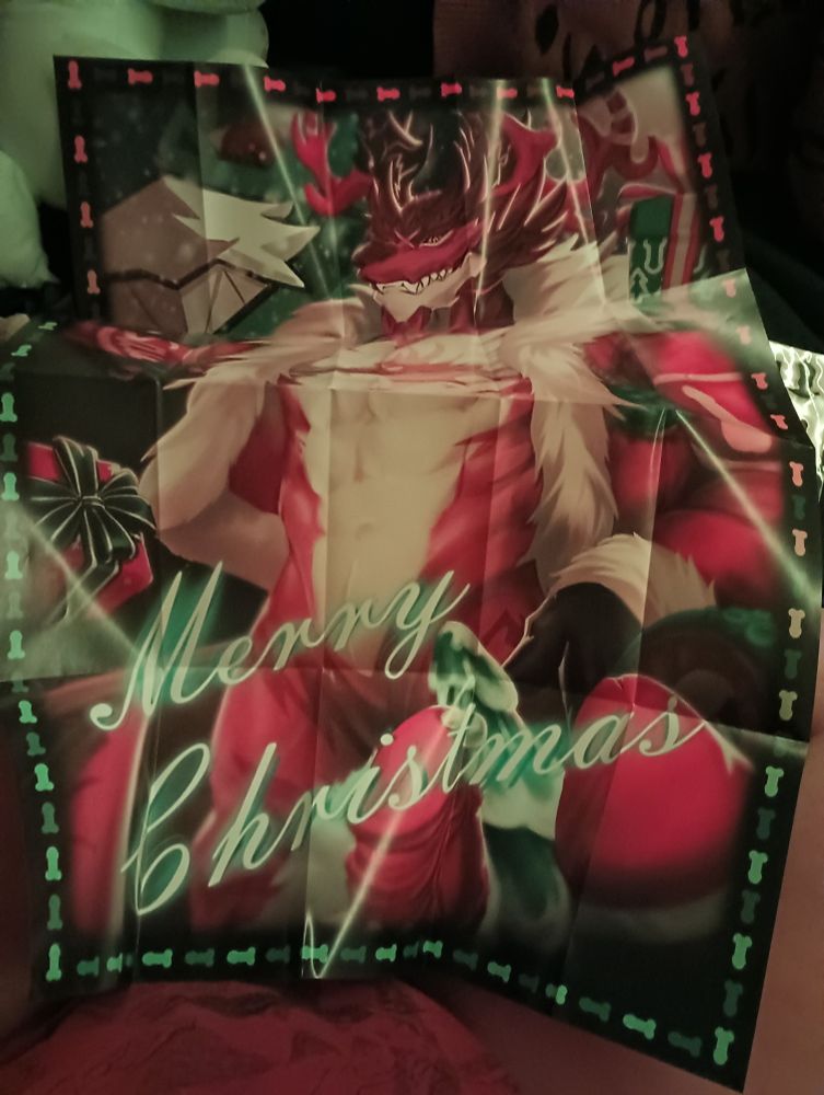 A poster of a red dragon wearing antlers with Christmas presents around them containing dildos, some dildos are out of the package. It says Merry Christmas in a green font.