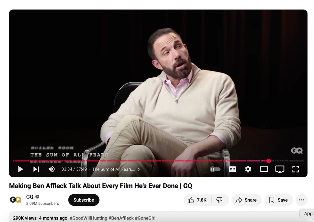 Ben Affleck screenshot from the GQ video "Making Ben Affleck Talk About Every Film He's Ever Done"