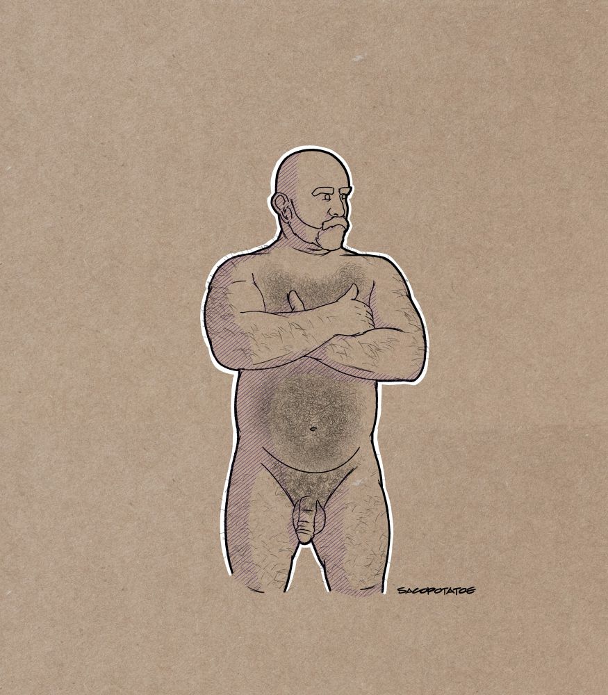 A digital drawing of a naked, hairy, bearded man standing with his arms crossed. He is looking into the distance. 