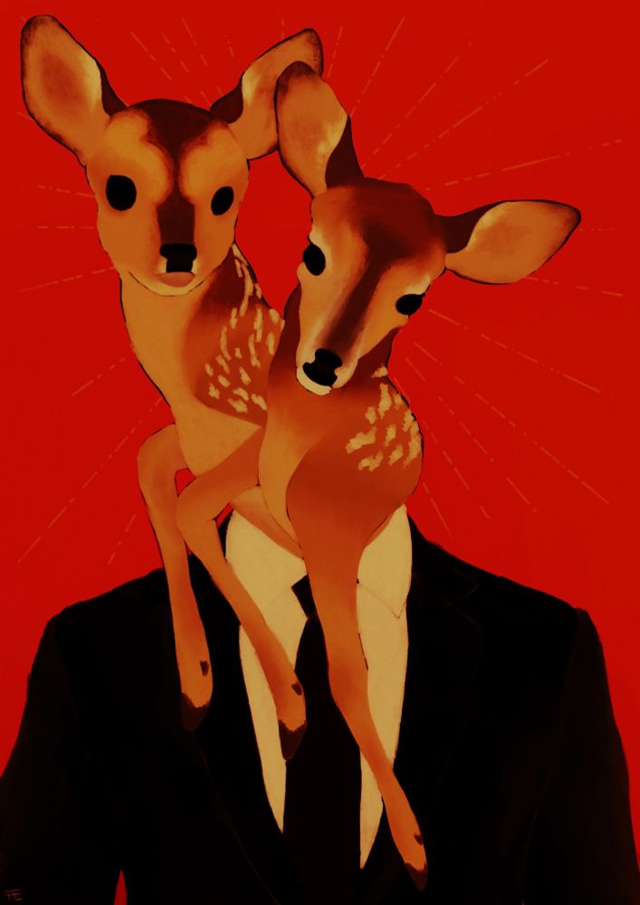 The body of a man in a black suit and tie, his head replaced with the upper body of a conjoined fawn twin.