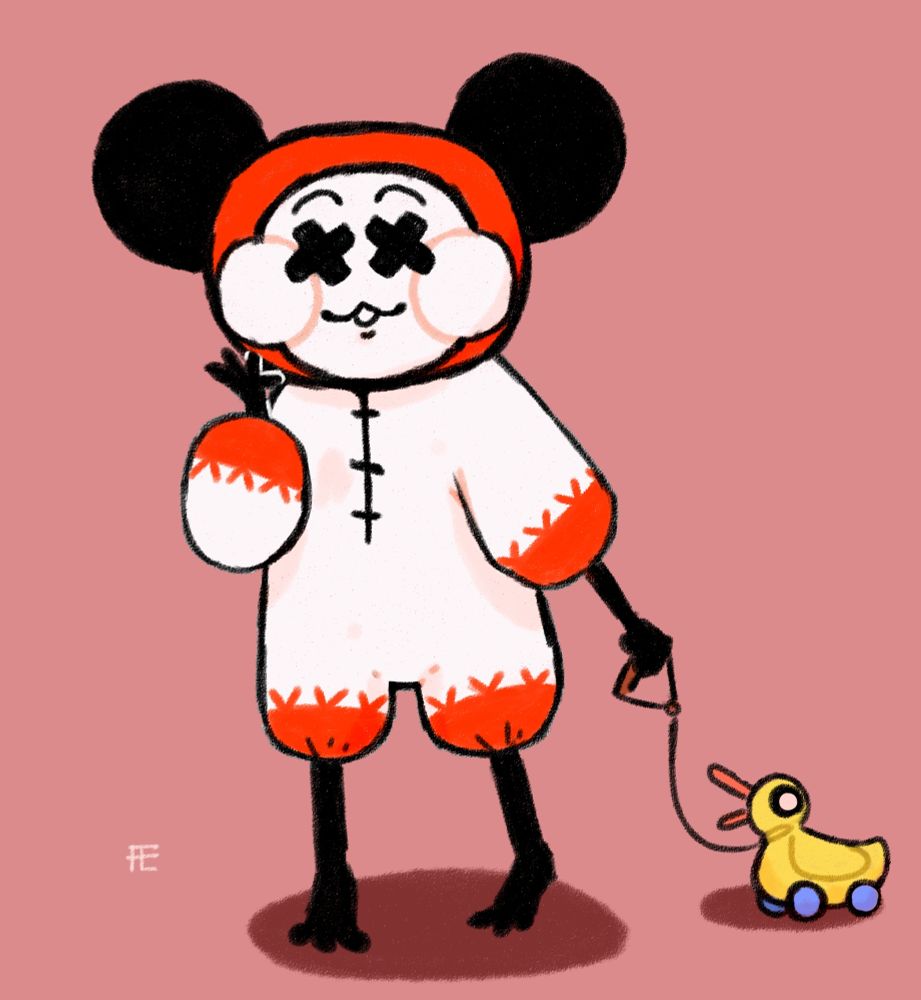 Drawing of a sack doll with large, black mouse-like ears and Xs for eyes. Its limbs are thin and black as well. It is pulling a string attached to a toy duck on wheels.