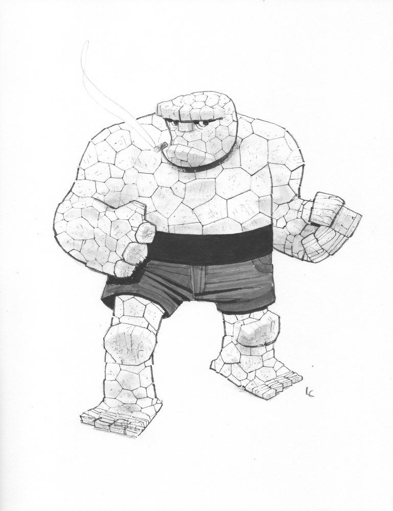 Benjamin Grimm, The Thing, in pen and ink (and some pencil) standing with clenched fists, smoking a cigar 