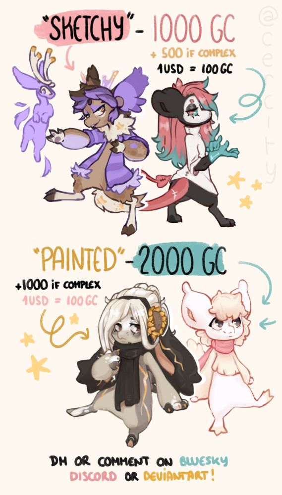Commissions price sheet for Griffia characters:
- Sketchy fullbody: 1000GC
- Painted fullbody: 2000GC
1$ = 100 GC
Complex design: +50%
Comment here or DM on Bluesky, Discord or DeviantArt