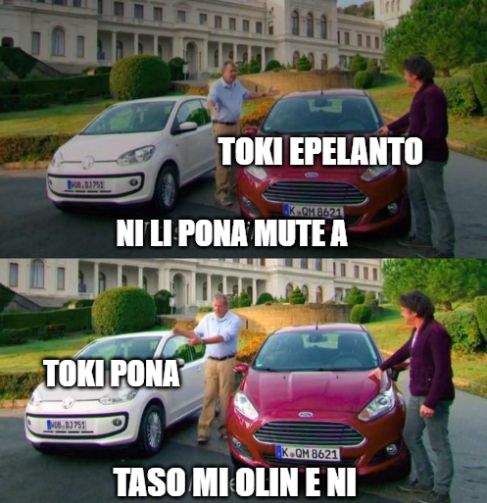 This is a meme. The format is the guy looking at two cars and saying "This is brilliant! But I like this."
Here, the first panel read: "ni li pona mute a" ("this is very good"). He is looking at the car with "toki epelanto" written on it.
The second panel: "taso mi olin e ni" ("but I love this"). He is looking at the car with "toki pona" written on it.