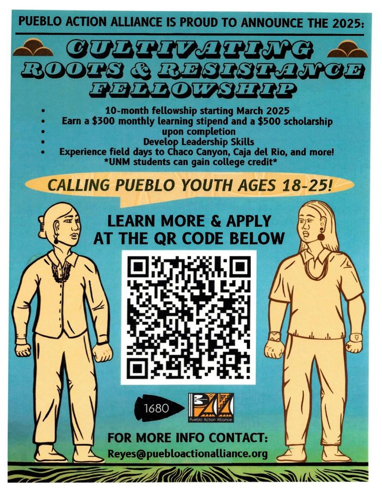 Flier for Cultivating Roots and Resistance Fellowship -- drawing of two Pueblo youth standing against a turquoise background. 