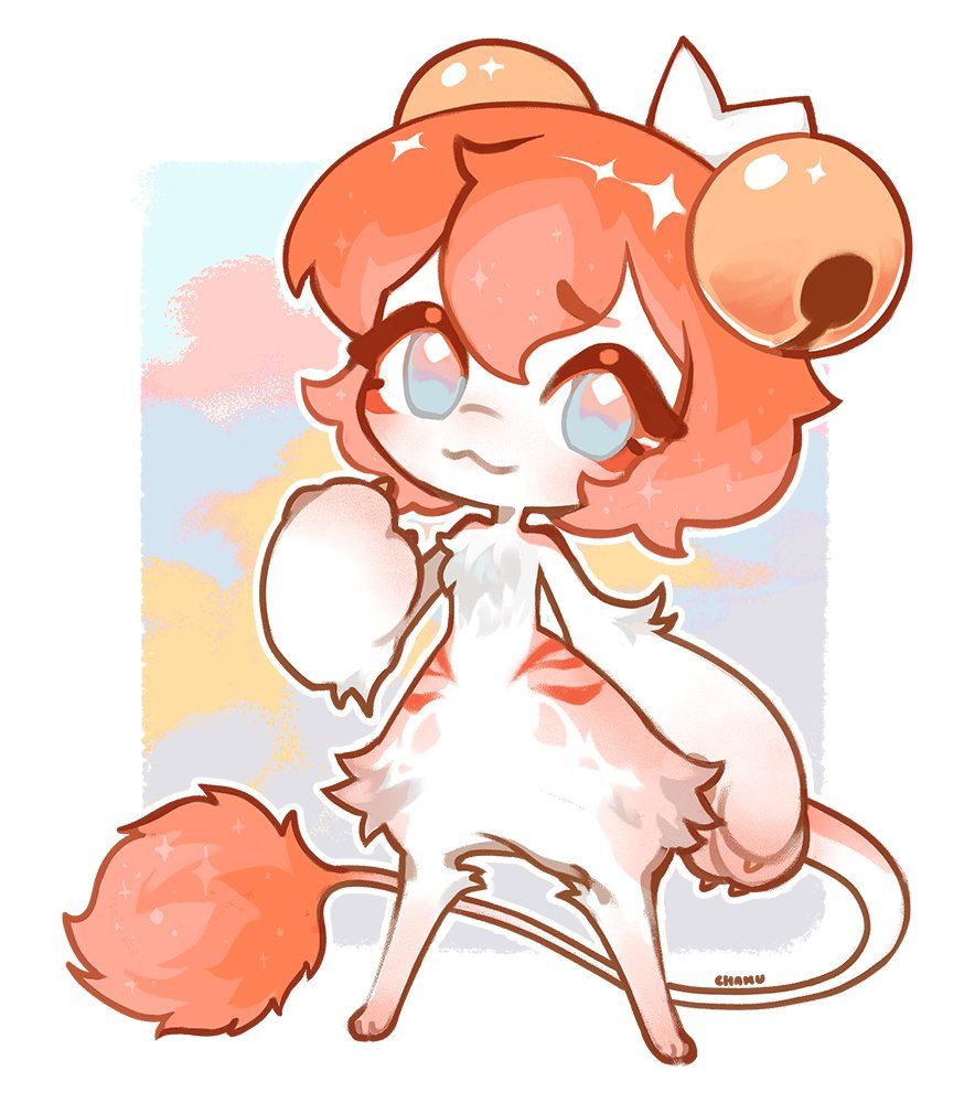 Cartoonish, soft, shy-looking anthro character with white fur, red markings, a crown-shaped fin on their head, and a long rat-like tail with a big spherical poof of fur at its end.