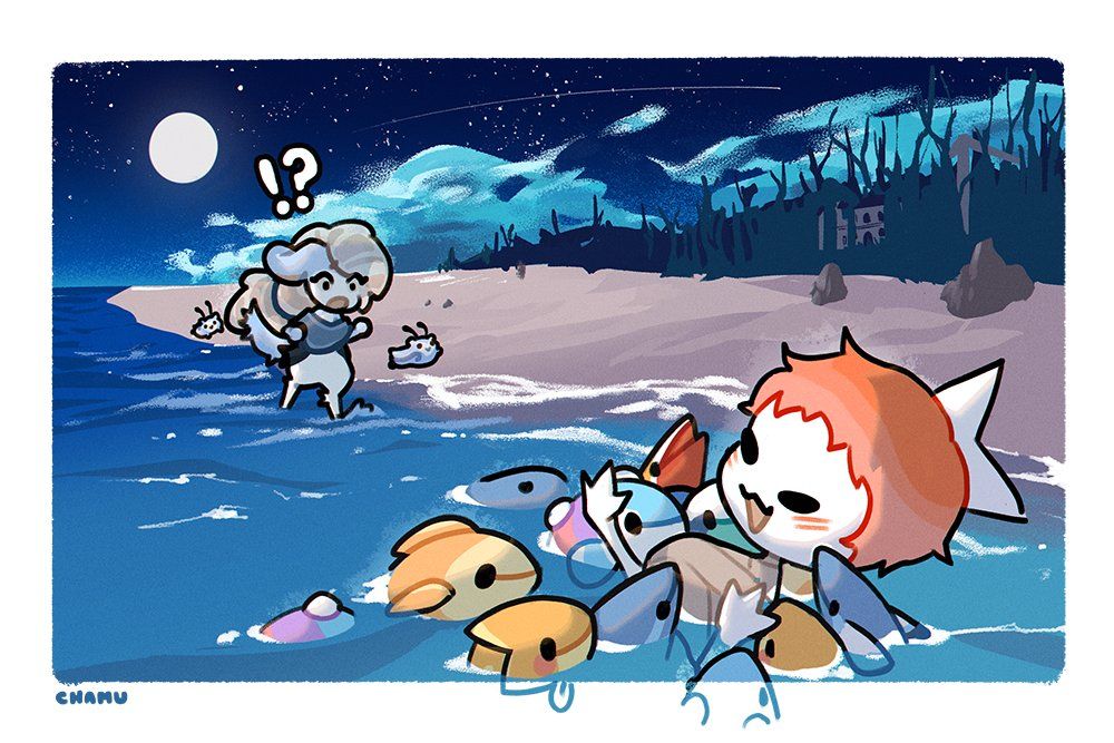 At night by the ocean shore, a baby bundled in beige wraps with frog feet sticking out of it is floating in the water, laughing while it is surrounded by friendly-looking fish. In the background, a shocked woman is running towards the baby, followed by little blue creatures with snail-like antennae.