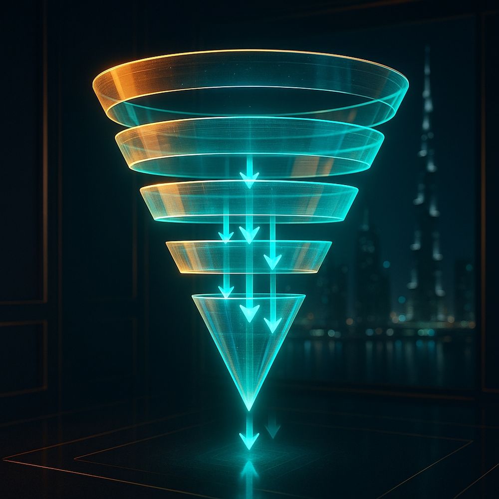 A high-end CGI illustration of a glowing inverted funnel composed of stacked translucent rings in teal and gold tones. Each layer narrows downward, forming a sleek AI-powered conversion funnel symbolizing customer acquisition, lead optimization, and intelligent automation. The structure emits a futuristic neon glow, with subtle reflections on a dark marble floor. In the background, the Dubai skyline appears softly blurred
