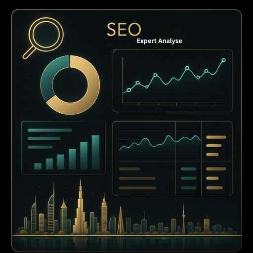 “High-end digital illustration showing an Arabic SEO audit dashboard for UAE businesses, with glowing search analytics, Arabic interface labels, Dubai skyline reflections, black background with gold and teal accents, modern clean style, Vista by Lara aesthetic, no text inside the image.”

