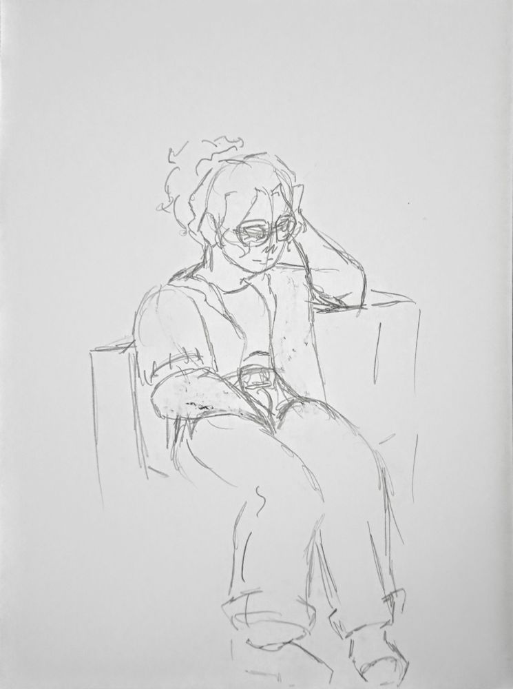 sketch drawing of the fourth person in the other sketch. she is sitting, leaning her head on her left hand, presumably looking at ache talking. It is pauline marlière (@freyakyle on bsky)