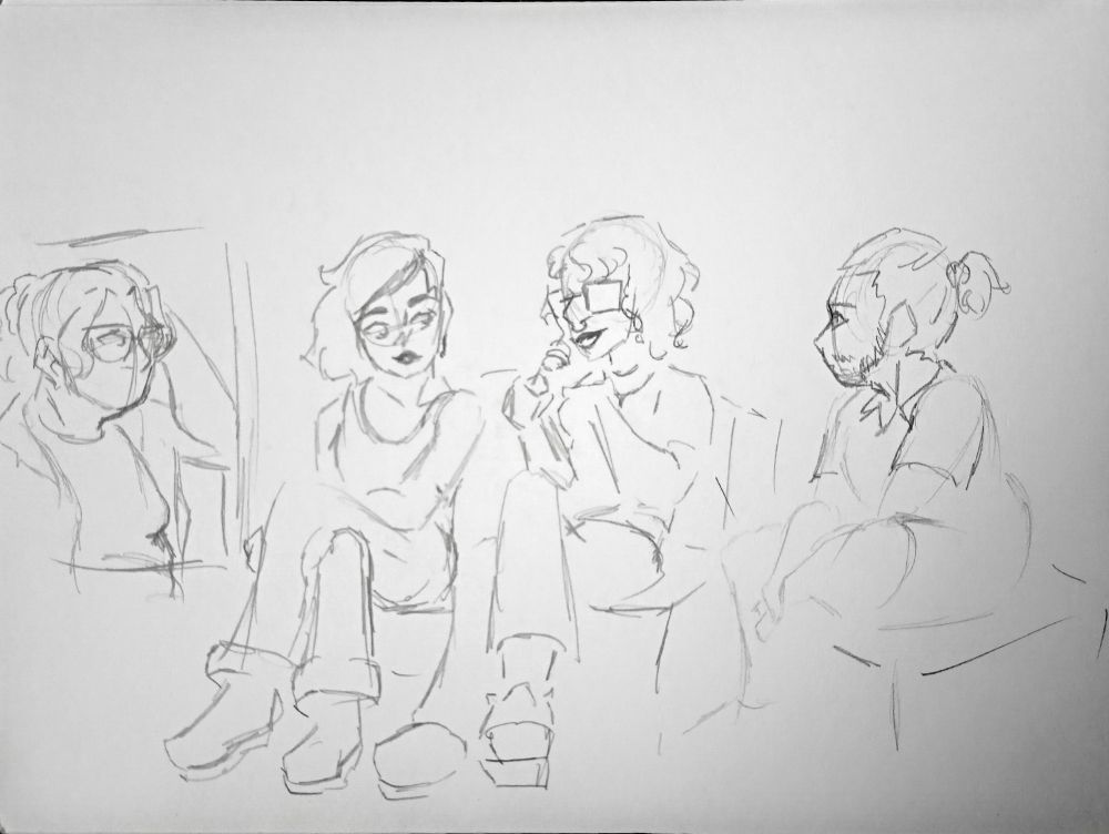 sketch drawing of three people, with the beginning of a sketch of a fourth on the side. The three people are sitting, with the one in the middle talking into a microphone while the other two look at her. In order, cassie (@yasteryazz on bsky), ache (@acheunderscore on bsky) and gabin jirodet (@gabjir on bsky)