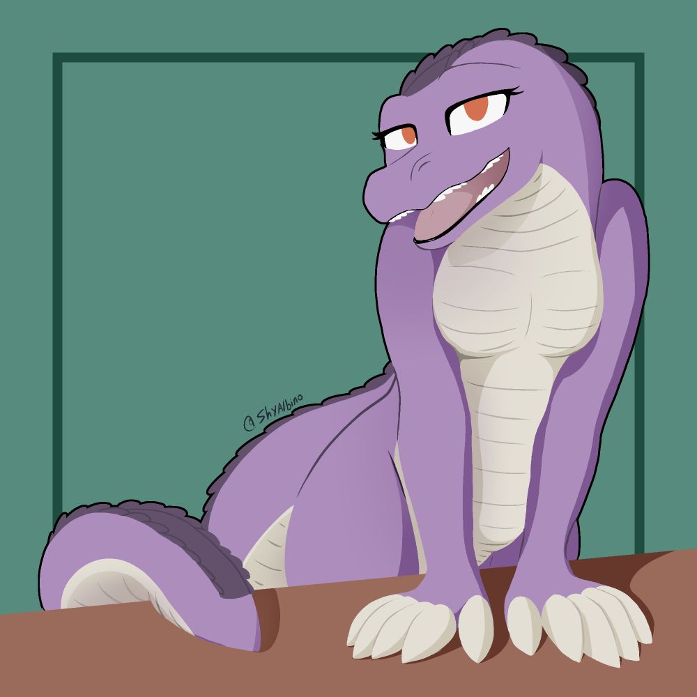 A colored drawing of a purple anthro alligator leaning onto a table smiling at the viewer with half-lidded eyes.