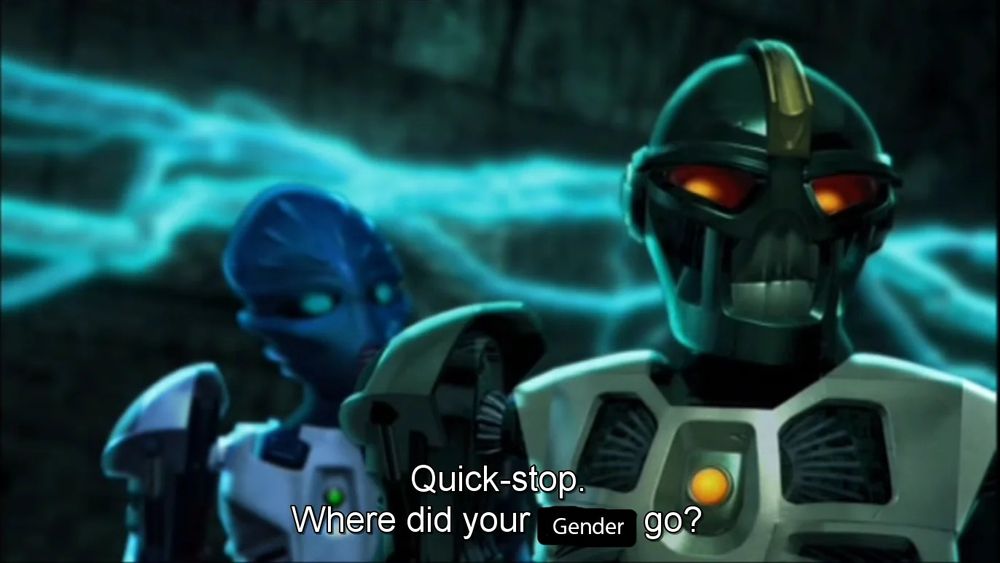 Matau and Nokama from Bionicle: Legends of Metru Nui. Subtitle reads: Quick-stop. Where did you gender go?
