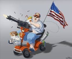 Fat ass Trumper in motorized scooter with gun blazing, McDonald's, and an oxygen tank 