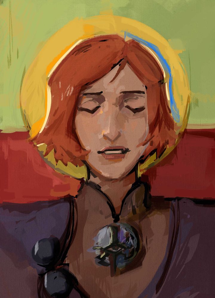 Colored digital portrait of Leliana, from video game franchise Dragon Age. 