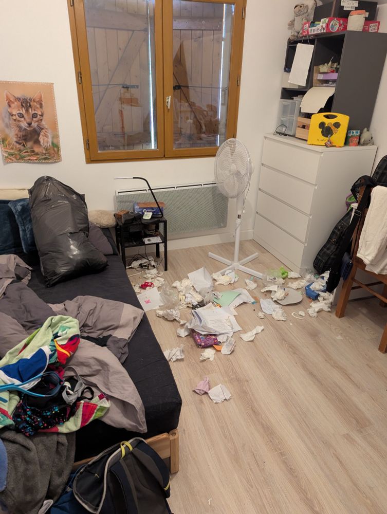 Chambre de la Mini : me lite n'est toujours pas fait, un sac poubelle plein est posé sur son oreiller. Des papiers et autres déchets sont étalés par terre. 