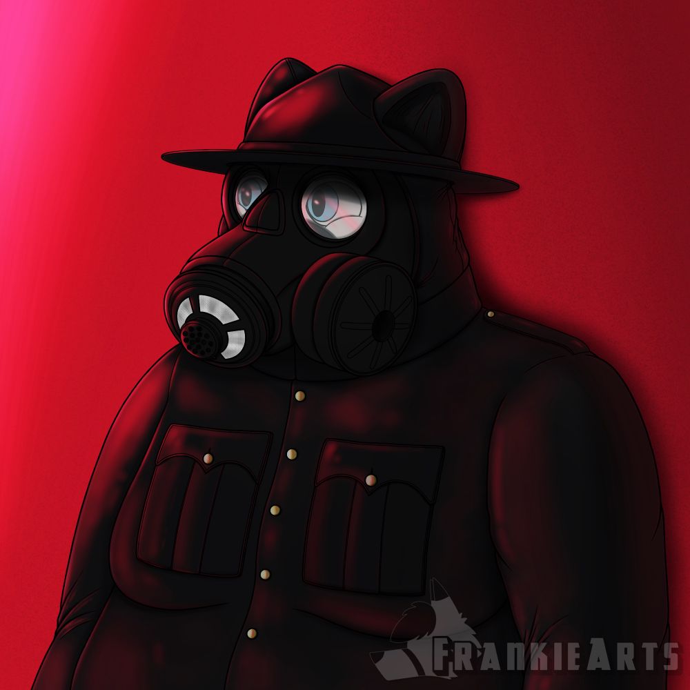 Stardragon’s polar bear fursona wearing a full black latex RCMP uniform including a hat and a Canadian C3 gasmask. 