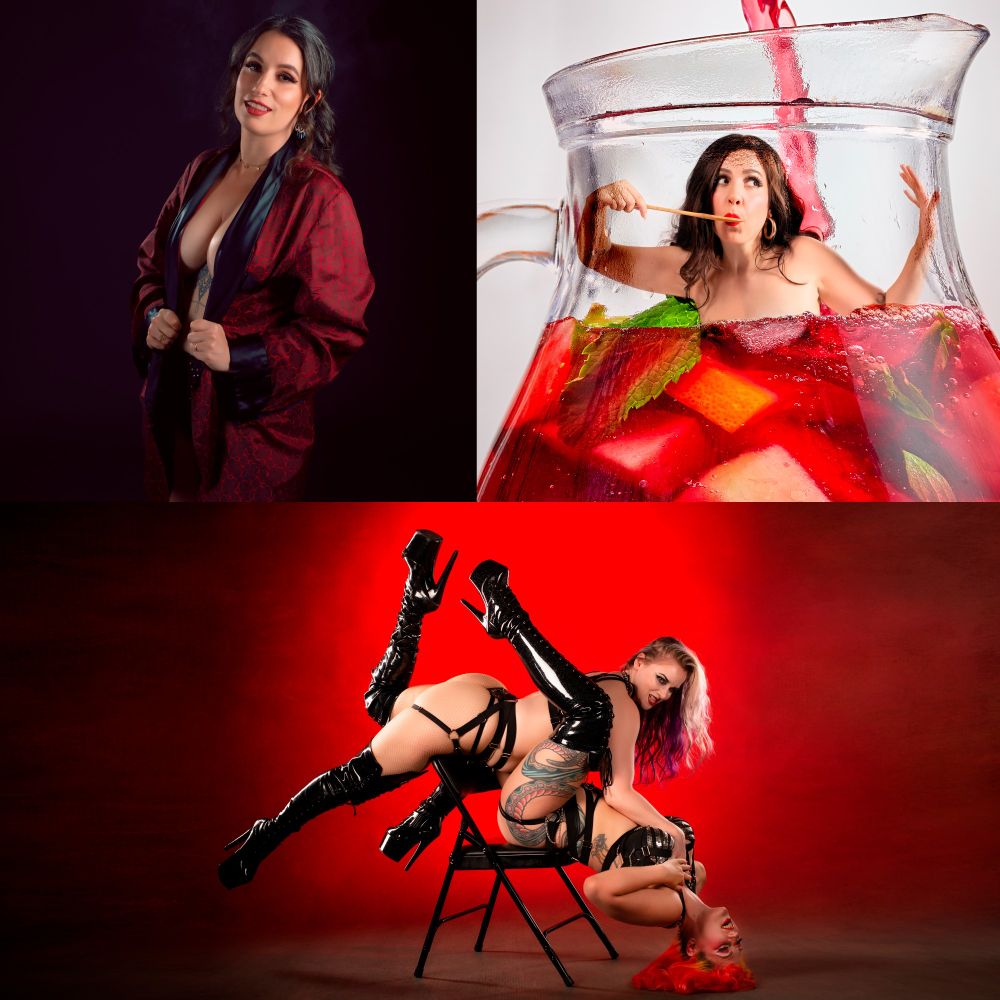 A collage of photos by Jon-Christian Ashby, featuring beautiful models. They range from playful and sexy to dramatic and dark.