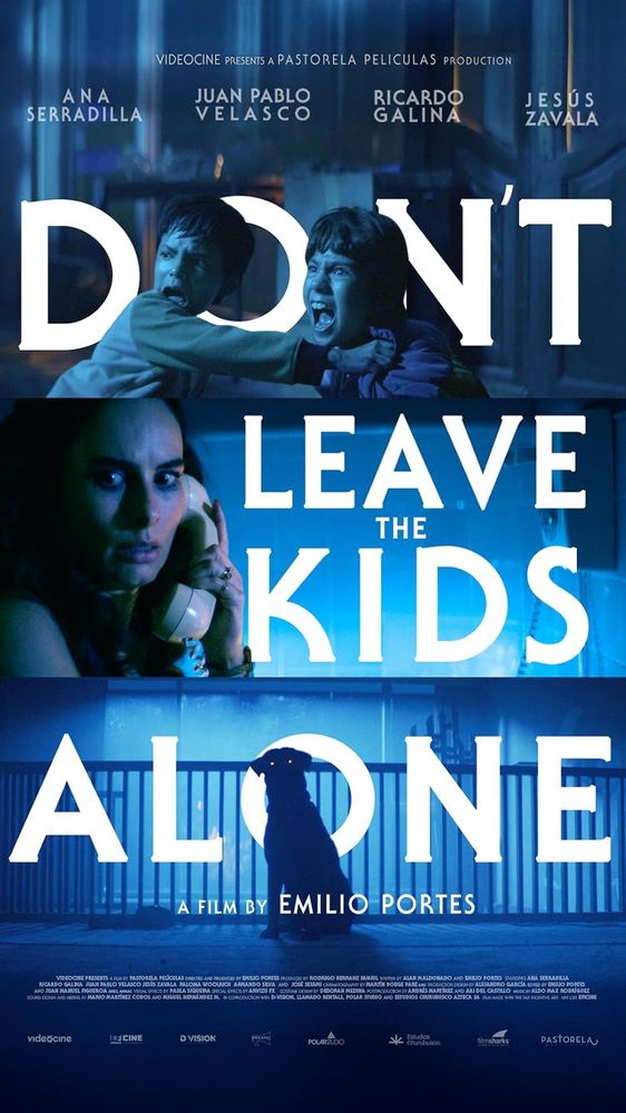 Don’t Leave the Kids Alone poster. The title is in large, bold white letters and takes up the majority of the poster. Various scenes from the movie are included including two siblings fighting while looking scared at an unseen force, a mother holding a telephone worried, and a sinister silhouette of a dog staring imposingly at the viewer. The poster is awash in a bright and light blue tint. 