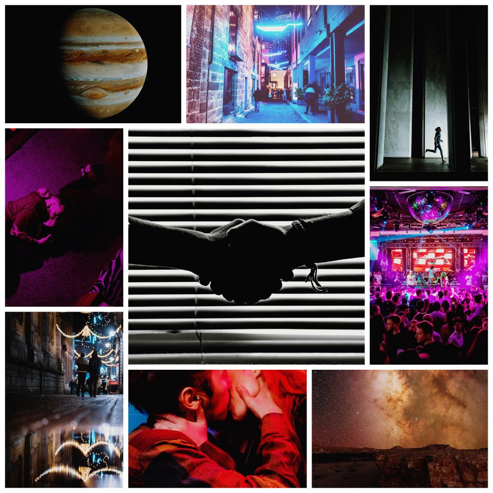 9 images total. Top row: image of planet Jupiter, image of alleyway with neon lighting, image of a person running at night against the back drop of a large white wall. Second row: image of a couple lying on the ground, their heads are touching and they’re both curled in the fetal position in purple lighting, image of two hands clasped against a background of blinds, image of a busy dance club with neon purple lighting. Bottom row: image of a couple walking down a wet alley with hanging lights at night, image of a M/F couple kissing, image of the Milky Way against a mountainous terrain. 