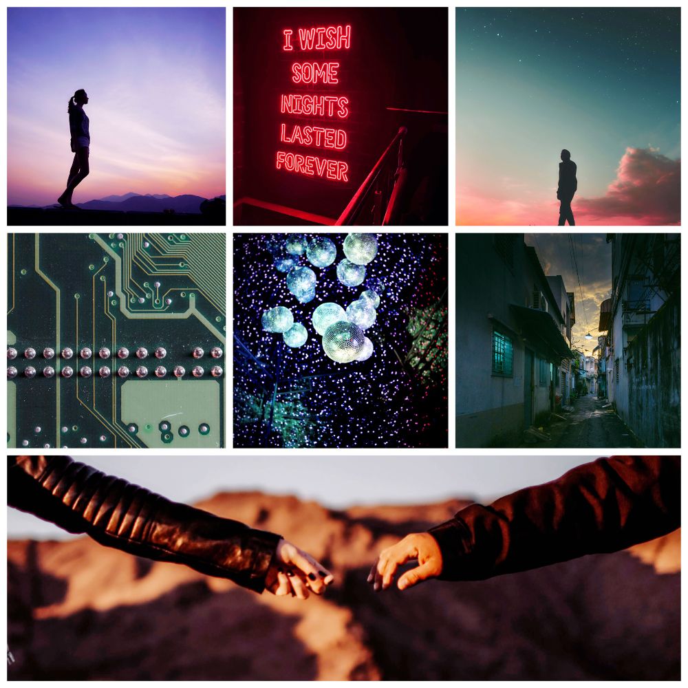 Seven images total: top row of 3 images: a woman silhouetted against a purple sky, neon lights that spell “I wish some nights lasted forever”, a man silhouetted against a green and pink sky. Second row of 3 images: a close up of a computer chip, disco balls and tiny lights, an alleyway at dusk. Large image on bottom: two hands reaching for each other against a backdrop of a rocky outcropping. 