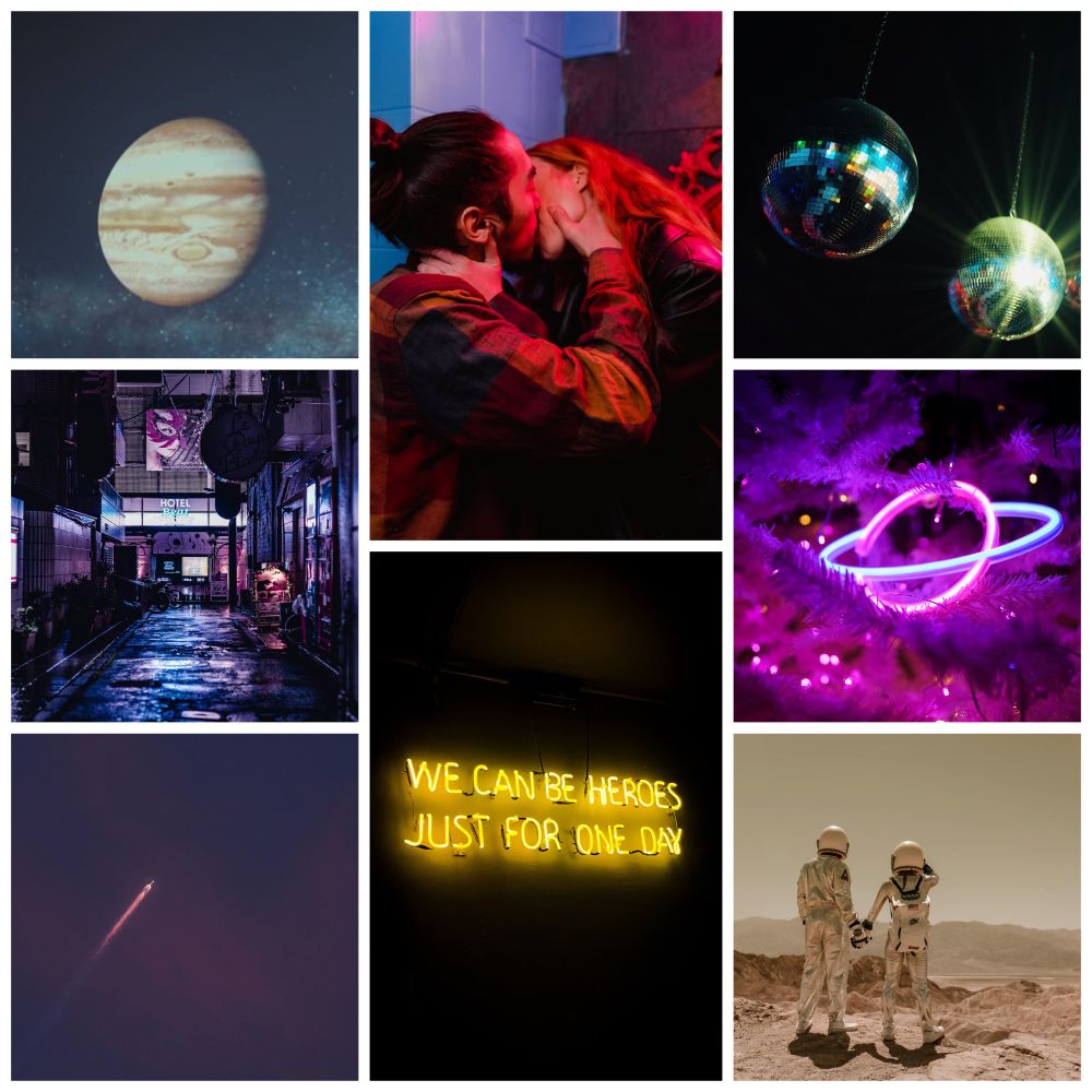 Eight images total. First column, three images, top to bottom: the planet Jupiter, a colourful alleyway with wet pavement and purple and blue lighting, a spaceship flying across the sky with a red trail. Second column, two images, top to bottom: a M/F couple kissing under red light, the words “We can be heroes just for one day” in neon yellow lights. Third column, three images, top to bottom: two disco balls hanging from ceiling, a ringed planet in purple and blue neon lights, a couple in space suits holding hands on a rocky terrain. 