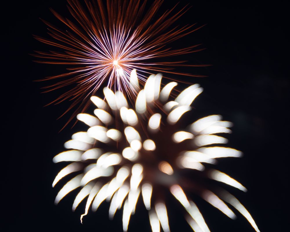 Two long-exposure fireworks. On top is a red firework bursting into long streaks of light. The button is defocused and refocused, making the white sparkles look like white spines of a plant-like object.