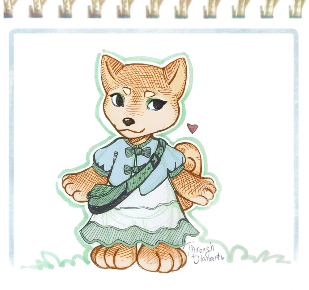 Mixed media: pen and pencil linework, highlighter outlines, digital color drawing by ThroughDianart.
It's indeed an animal crossing villager esque shiba inu girl. She wears a bow front blouse and long tiered skirt with s belt bag esque purse slung over her chest. She has mint green eyeshadow.