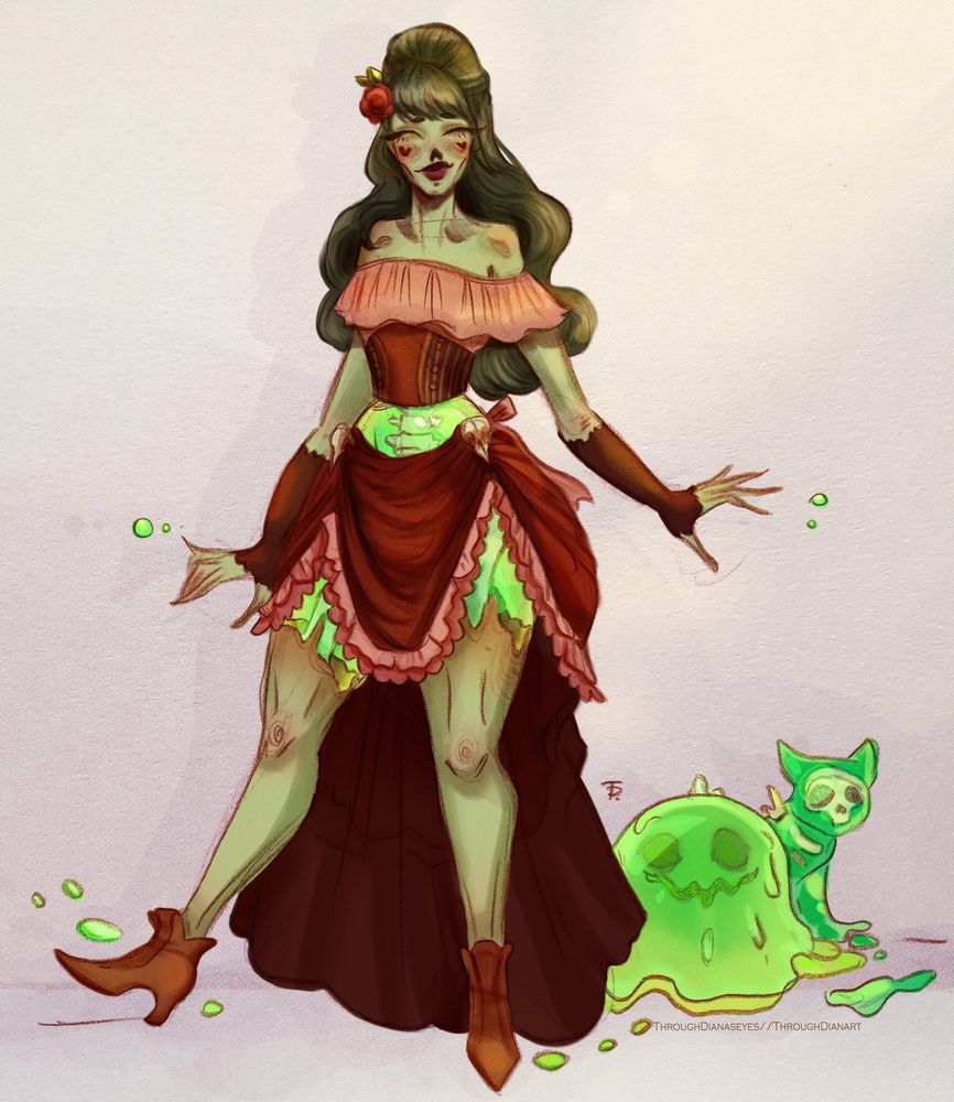 Sketchy illustration of Rosie dressed in western lounge like attire accompanied by a slime ball creature and a jellycat.