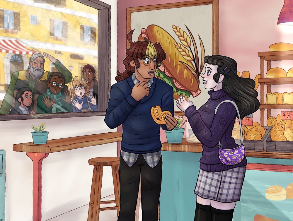 Illustration from Fragmented Dreams Comic. Casimir and Diana are talking and eating pastries in a bakery. In the window of the shop is Grandpa, Zola, Sunita, Maayan, and Azar, all watching Diana and Casimir.