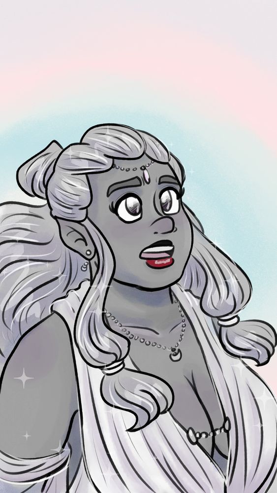 Drawing of Luna from the webcomic, Fragmented Dreams. Luna is a plus-sized woman with grey skin, silver hair, and red lips. She is looking up at someone as she speaks, her face concerned.