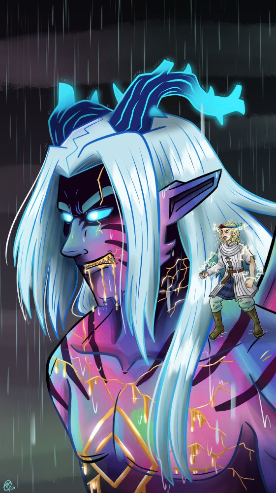 Redraw art of a Light within Shadow webcomic panel. A giant monster man with watercolor skin, blue hair, and horns stands in the rain. A smaller human with blonde hair and a white uniform stands on his shoulder. Lightning bolts crackle around the smaller man's hands and eyes.