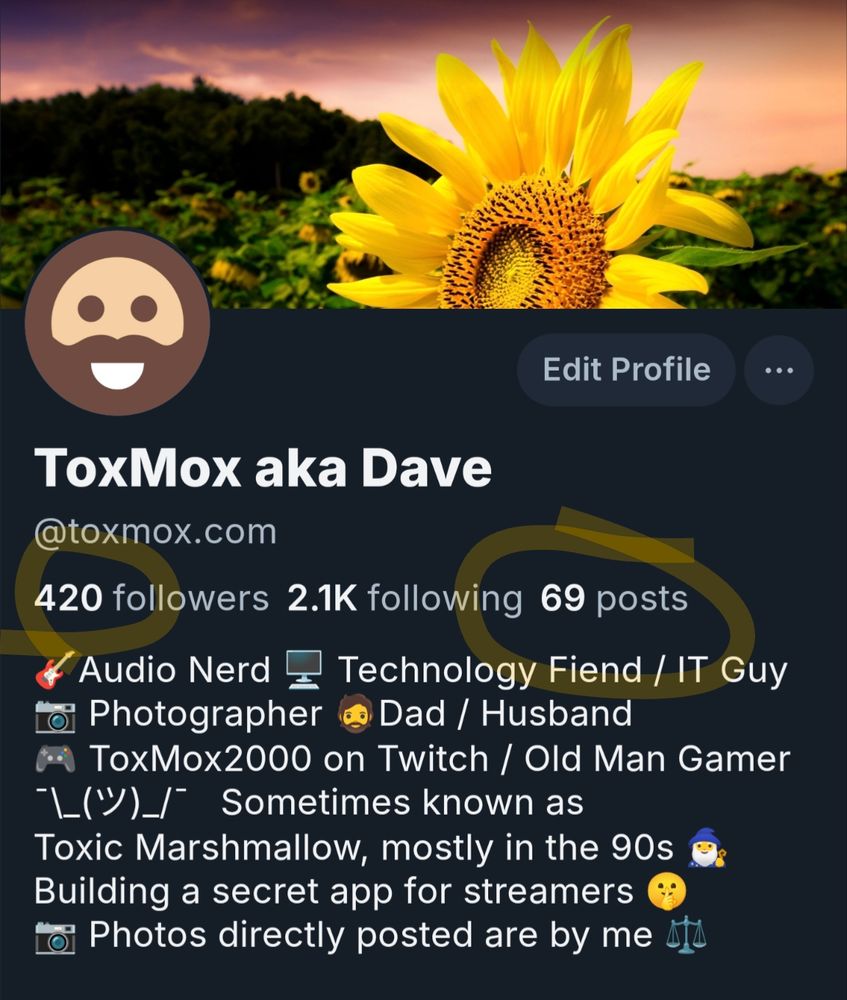 Screenshot of ToxMox's profile showing 420 followers and 69 posts. He finds it amusing. He is also me. 