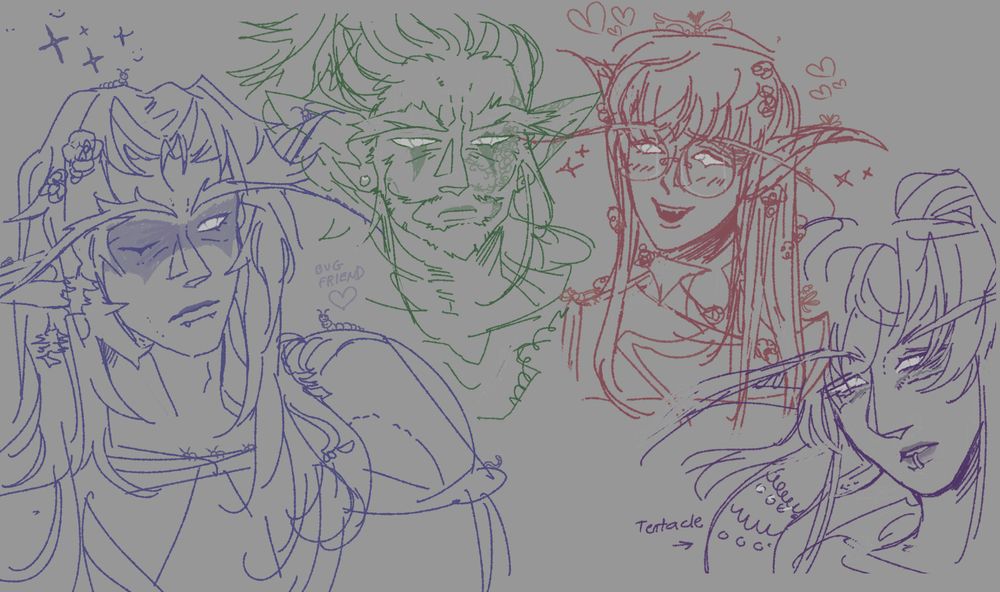 4 sketches, left to right:
Samaadi, night elf warrior, winking casually, covered in bug friends
Kurandiir, night elf priest, staring ahead with a grumpy expression
Cyr, night elf biologist, smiling cheerfully with a butterfly on their head
Morinth, void elf hunter, looking deeply mysterious