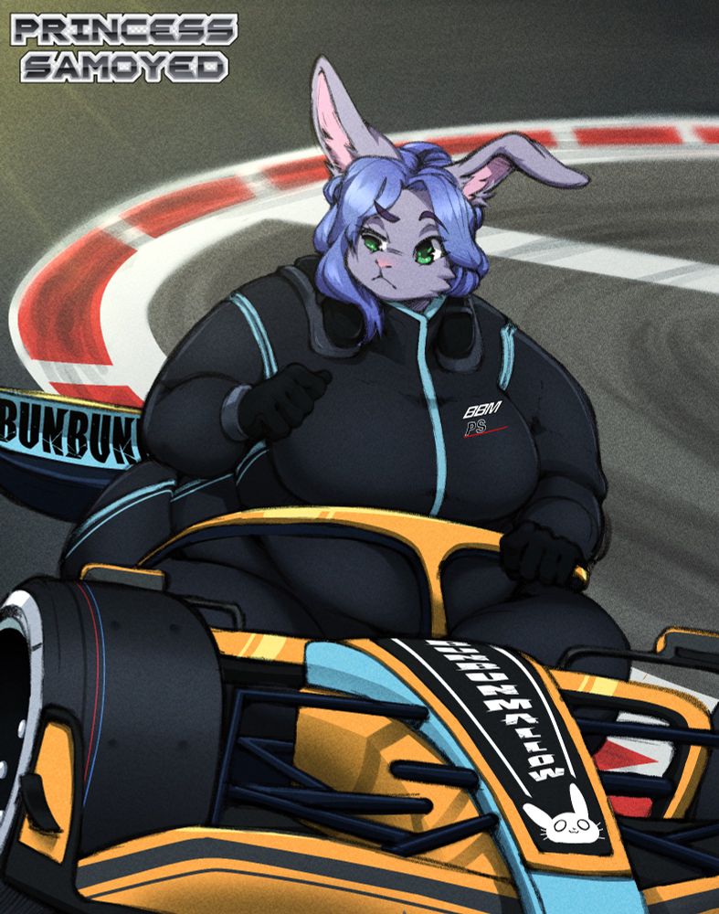 Mallow the bunny trying to squeeze into her open-wheel racecar. Her thighs don't quite fit into the cockpit, with her posterior spilling through the sides and over the top of the "halo" device. Mallow gives an unamused glare at her presumably enthused pit crew. 