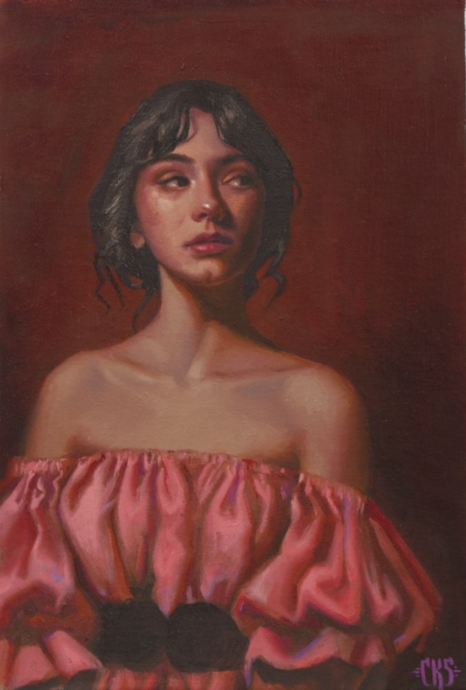 portrait of a woman in red. Oil on Panel