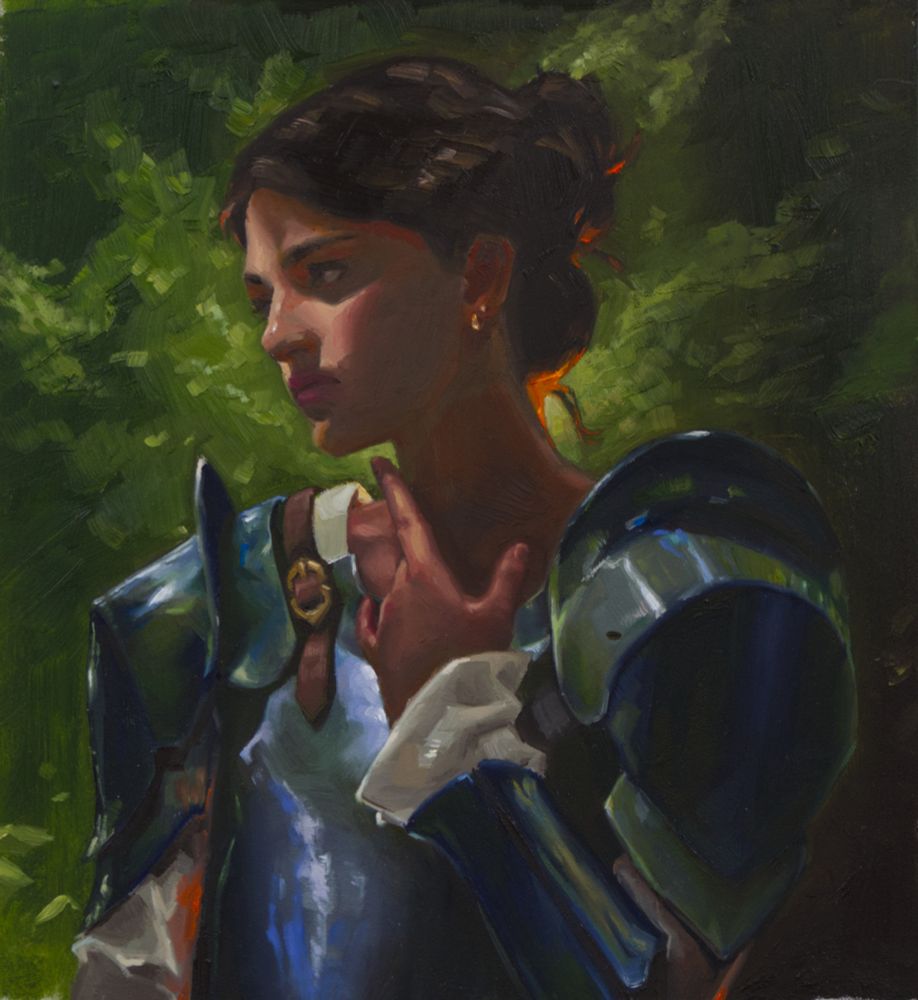 A portrait of a female knight in armor against the trees. Oil on panel