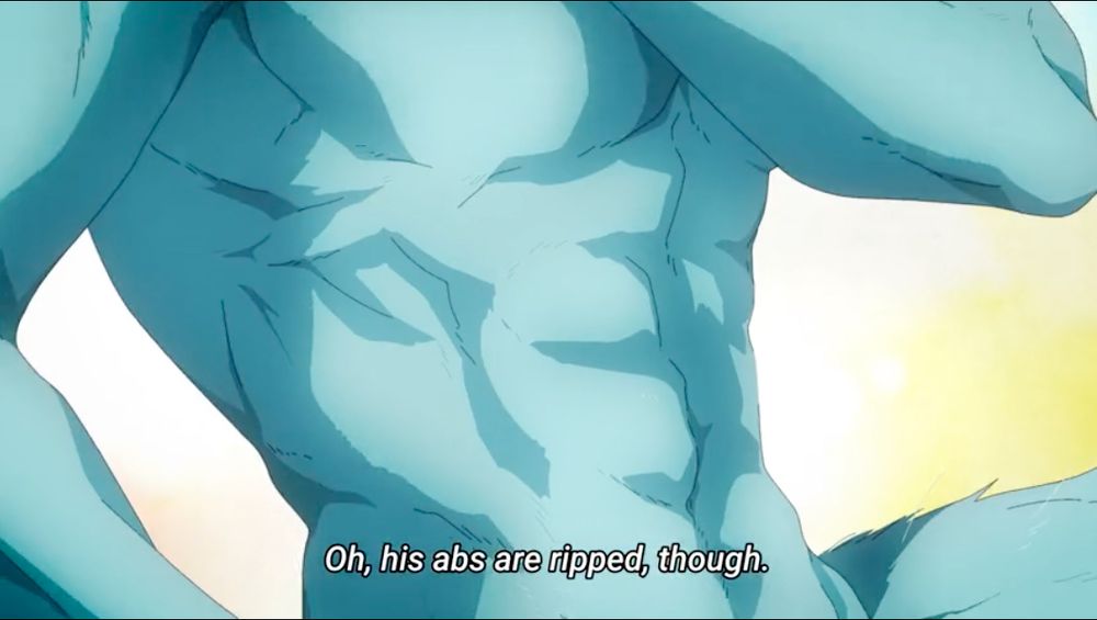 A close up of an extremely fit anime anthro canine’s torso and stomach. He has blue fur. The subtitles read: Oh, his abs are ripped, though.