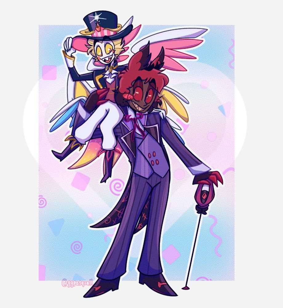 Image. Alastor and Lucifer from Hazbin Hotel in their PRIDE MONTH outfits. Lucifer's outfit is pansexual colors. Alastor's outfit is asexual colors. Lucifer is perched up on Alastor's shoulder while Alastor's arm is around him, holding him in place. 