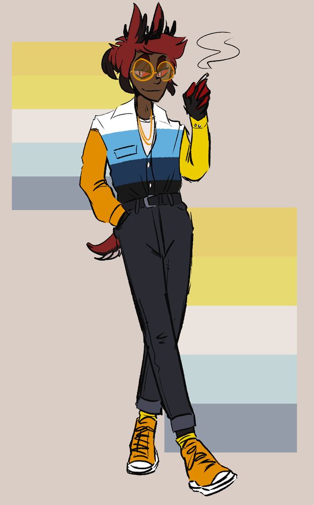 Image. Alastor from Hazbin Hotel in a modern outfit with colors picked from the aromantic-asexual flag. 
