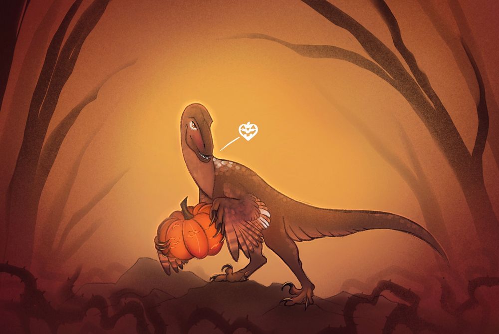 A dromaeosaurid holding a pumpkin. The background is full of creepy trees and crawling bramble. The raptor looks mischievous. 