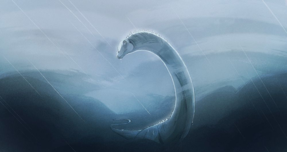 A Diplodocus peers at the viewer, surrounded by wind and rain. Water splashes off its long neck.