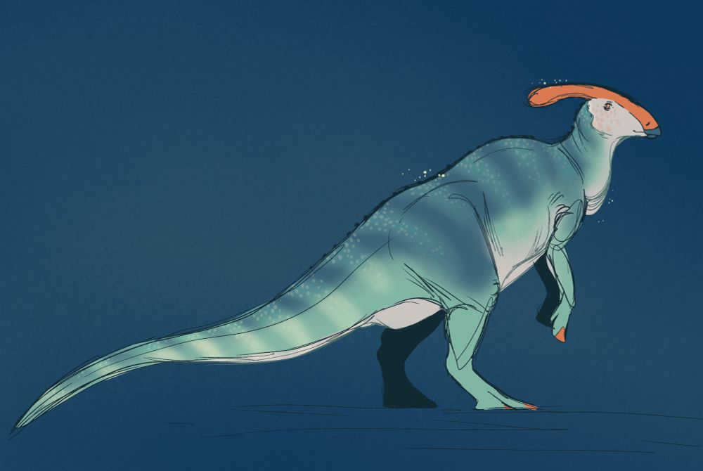 A blue/green Parasaurolophus with a bright orange crest and toes. Their background is a simple blue. Sparkles float around them.