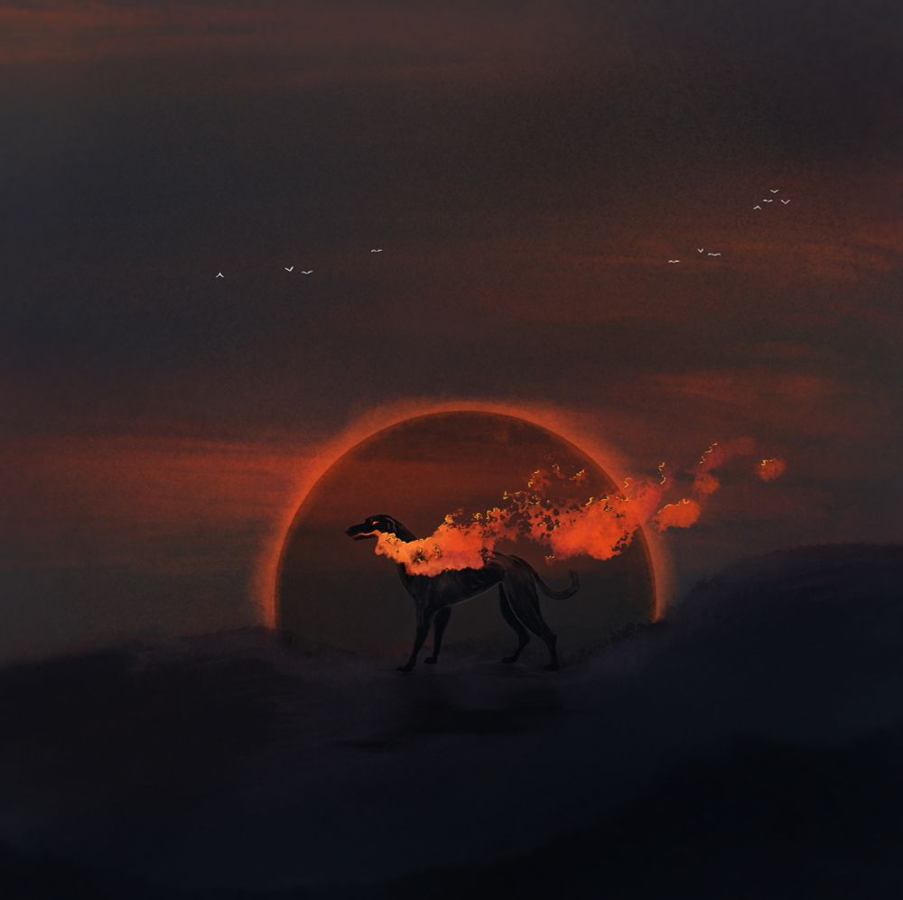 A sight hound dog with flames pouring from its mouth, standing in front of a glowing eclipse. White birds fly by in the distance.