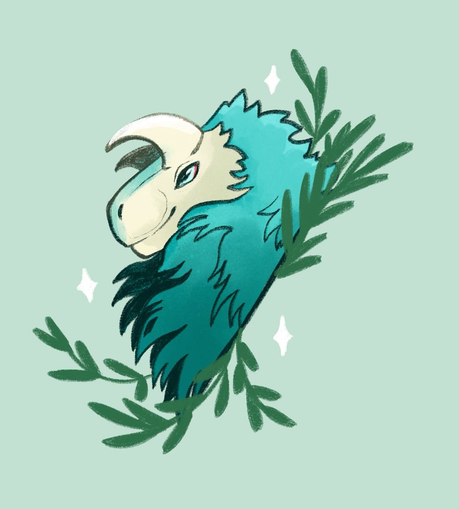 A headshot drawing of a dinosaur with a fluffy blue mane. Plants sprout around them, and there are three sparkles.