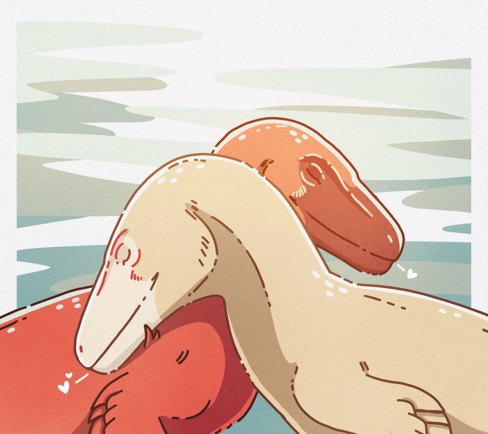 A pair of deinonychus rest their head on the other’s shoulder. Their eyes are closed and their faces are soft. Content. The pale one is in the foreground, the red in the background.