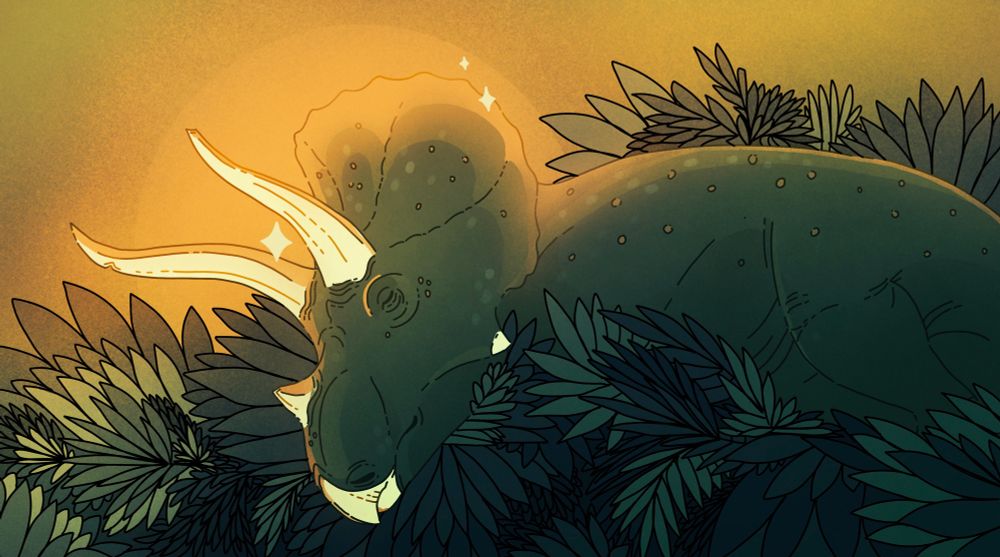 A triceratops with white horns resting in a bed of ferns. A sun glows behind them. Subtle sparks shine around its head.