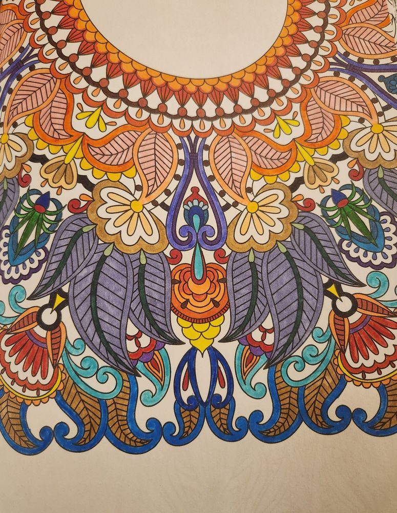 fully colored, paisley-inspired page in an adult coloring book.