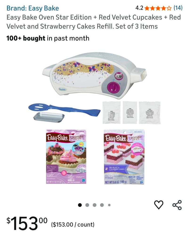 screenshot from amazon.com of an easy bake oven with some bakery refills, retailing for $153.